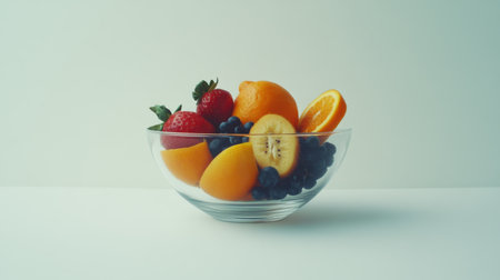 A clear bowl filled with a vibrant assortment of fresh fruits like strawberries, oranges, and bananas, perfect for promoting health and wellness.の素材