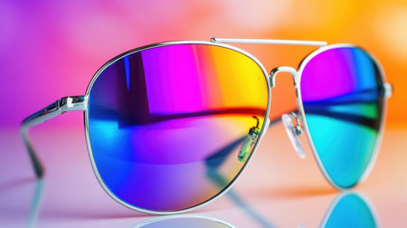 A stunning pair of sunglasses featuring vibrant reflective lenses showcasing an array of colorful hues against a bright gradient background.の素材