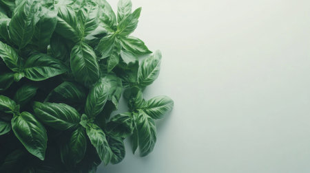 Bright and fresh basil leaves arranged on a light background. Ideal for use in culinary projects, recipes, and food-related content.の素材