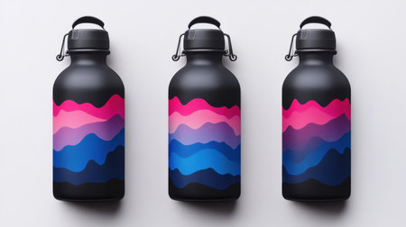 Discover vibrant black water bottles adorned with stunning wave patterns in pink and blue, perfect for hydration on the go. Ideal for outdoor adventures.の素材