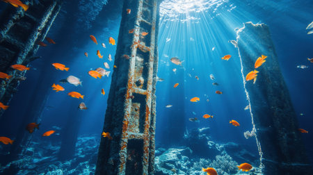 A mesmerizing underwater scene featuring sunlight filtering through vertical columns, illuminating schools of colorful fish. The deep blue ocean houses vibrant marine life amidst a tranquil atmosphere, showcasing natural beauty and serenity.の素材
