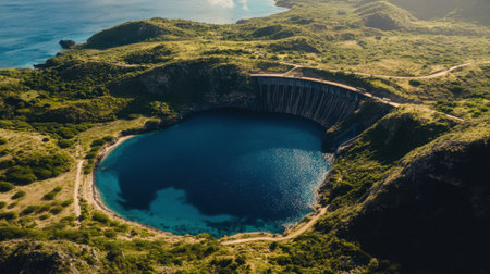 This breathtaking aerial photograph captures a natural sinkhole with vibrant blue water, framed by lush greenery and rocky cliffs, ideal for nature enthusiasts.の素材