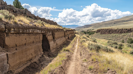 This image captures a scenic dirt trail winding through a unique geological formation amidst a lush landscape. Fluffy clouds drift across the expansive sky, creating a serene outdoor environment for nature lovers and explorers.の素材