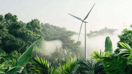 A stunning wind turbine stands tall amidst a vibrant green forest, surrounded by mist, highlighting the beauty of renewable energy in nature.の素材