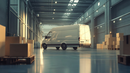 A spacious warehouse interior featuring a delivery van positioned among neatly stacked cardboard boxes on pallets. The sunlight filters through large windows, creating a bright and organized environment ideal for logistics and storage operations.の素材