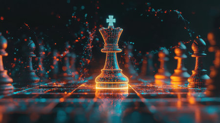 A stunning digital representation of a chess game, featuring a glowing king piece at the center, surrounded by other chess figures, symbolizing strategy and competition.の素材