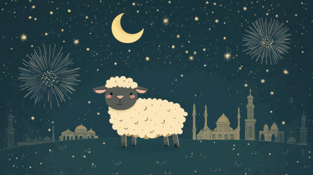 A delightful cartoon sheep stands under a starry night sky filled with fireworks and a crescent moon. The backdrop features a charming cityscape, perfect for celebration themes.の素材