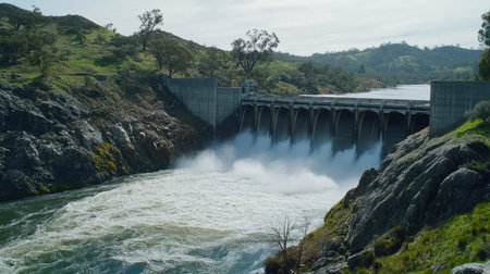 This stunning image captures the dynamic water release from a dam, surrounded by lush green hills and a flowing river under a bright sky.の素材