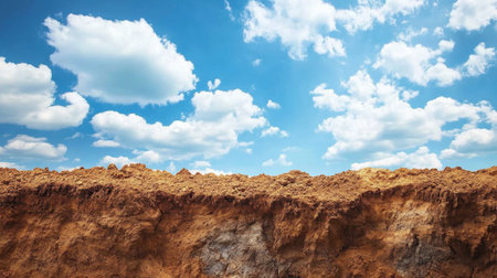 A stunning view showcasing an exposed soil layer under a bright blue sky adorned with fluffy white clouds, perfect for nature and earth science themes.の素材