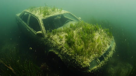 A mysterious abandoned car rests underwater, enveloped in seaweed and greenery, illustrating nature's reclamation of man-made structures.の素材