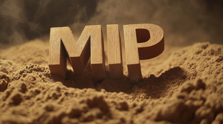 This image features wooden letters forming the acronym MIP, set against a background of golden sand and swirling dust. It's perfect for artistic and creative projects.の素材