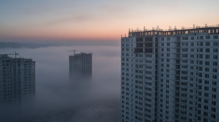 A breathtaking view of urban skyscrapers rising above a thick layer of fog at dawn, creating a serene and mystical atmosphere perfect for inspiring calm and reflection.の素材