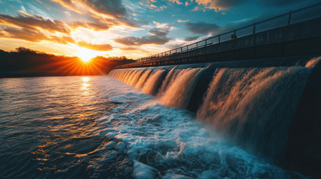 This stunning image captures a vibrant sunrise over a serene waterfall, with gentle water flow and a picturesque landscape reflecting peaceful moments.の素材