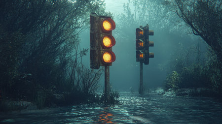 This haunting image depicts weathered traffic lights partially submerged in floodwater, evoking a sense of stillness and solitude in a moody atmosphere.の素材