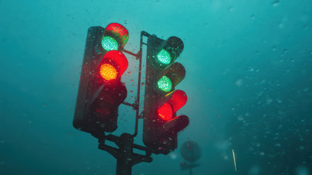 A captivating view of traffic lights glowing in vibrant colors through heavy rain. The image captures the urban atmosphere with droplets reflecting light, creating a striking visual effect.の素材
