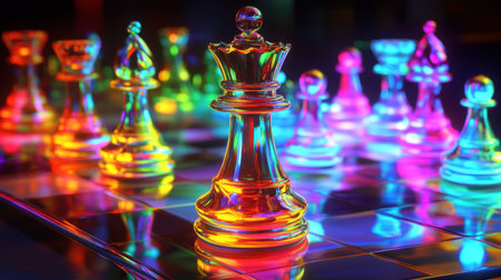 Engaging and colorful glass chess pieces arranged on a game board, illuminated by vibrant neon lights, showcasing artistic design elements.の素材