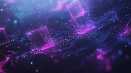 This captivating abstract image features floating geometric shapes in vibrant neon colors against a deep space backdrop, evoking a sense of technology and innovation.の素材