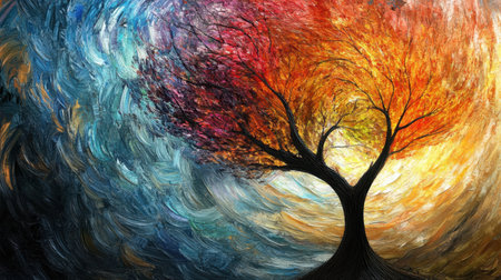 An eye-catching abstract depiction of a tree displaying vibrant colors, showcasing the beauty of nature's transformations in a unique style.の素材