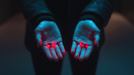A captivating image featuring a person's hands holding two red capsules, illuminated by striking neon blue lighting in a moody atmosphere.の素材