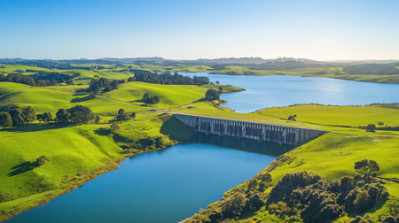 Discover a tranquil aerial view featuring lush green hills and a calm body of water, complemented by a modern dam structure under a bright, clear sky.の素材