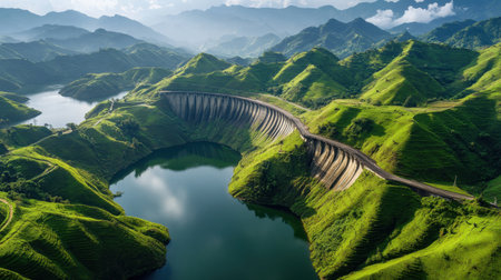 Breathtaking aerial view of lush green hills surrounding a serene lake, framed by majestic mountains under a clear blue sky. Perfect for nature lovers.の素材