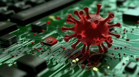 This striking illustration depicts a virus on a computer circuit board, symbolizing the growing cybersecurity threats in today's digital landscape.の素材