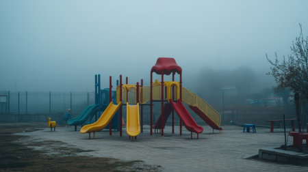 A vibrant playground stands alone in a thick fog, featuring colorful slides of red, yellow, and blue. The empty space invites imagination and nostalgia.の素材