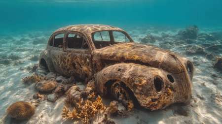 An eerie yet beautiful underwater scene featuring a sunken vintage car surrounded by vibrant coral and aquatic life, showcasing nature's reclamation.の素材