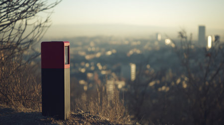 A vibrant red and black trash bin sits at a scenic overlook, capturing the serene evening light with a blurred cityscape visible in the background.の素材