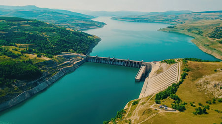 This stunning aerial photo showcases a hydroelectric dam situated between sprawling lush hills and calm blue waters, highlighting both nature and engineering.の素材