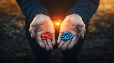 A person stands with open hands, each holding vibrant red and blue pills, illuminated by a mystical glow symbolizing choices in life, blending concepts of health and temptation.の素材
