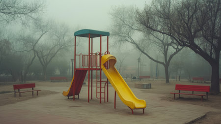 A vibrant playground featuring a yellow slide and red benches sits quietly in a fog-laden urban park, evoking serene childhood moments.の素材