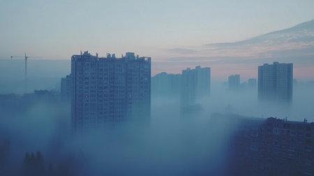 A calming view of a cityscape enveloped in fog during the early morning hours, showcasing high-rise buildings emerging from mist. The tranquil atmosphere invites reflection.の素材
