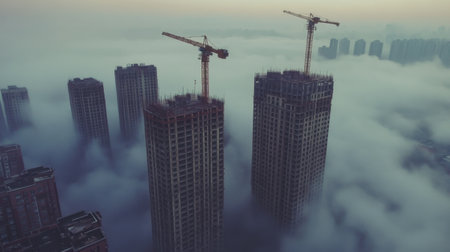 This aerial image showcases a foggy urban landscape featuring cranes at a construction site of towering skyscrapers. The atmosphere captures the essence of development.の素材