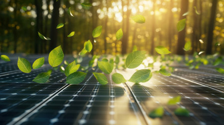 Captivating image of sunlight filtering through trees, highlighting green leaves dancing in the air above solar panels in a serene forest scene.の素材