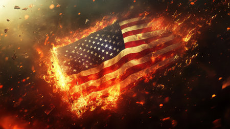 A captivating portrayal of an American flag engulfed in flames, symbolizing the spirit of resilience and patriotism in dramatic fashion.の素材