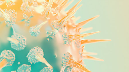 Explore the intricate details of a virus structure with distinct spikes and a soft color gradient, perfect for scientific themes and educational content.の素材