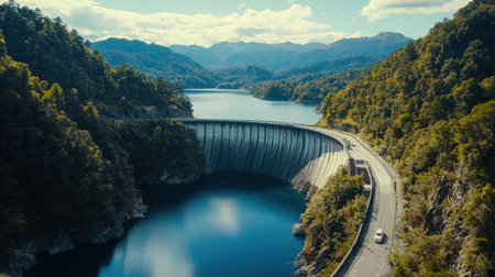 Stunning aerial view of a massive concrete dam sitting majestically between green mountains. The tranquil blue waters reflect the serene sky, creating a peaceful environment ideal for nature lovers and adventure seekers.の素材