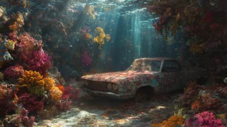 A mesmerizing scene featuring an abandoned car resting on the ocean floor, surrounded by vibrant coral and marine life, illuminated by sunlight.の素材