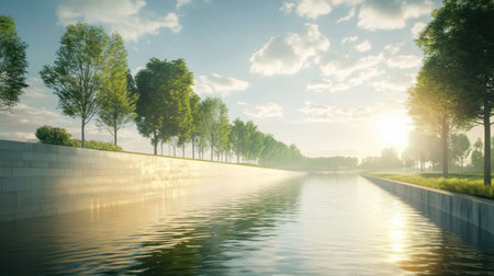 This serene riverbank image captures the tranquility of a calm morning with lush trees, gentle water reflections, and soft clouds illuminating the landscape.の素材