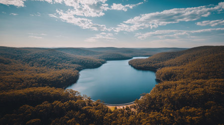 This breathtaking aerial view showcases a tranquil lake nestled among lush green forests and rolling hills, perfect for nature lovers and explorers.の素材