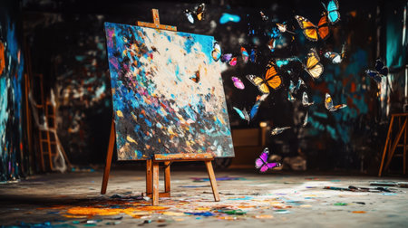 A mesmerizing artistic scene features a vibrant canvas filled with colors, accompanied by butterflies taking flight, symbolizing creativity and transformation.の素材