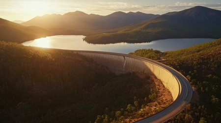 Experience a breathtaking aerial view showcasing a curved road beside a calm lake, surrounded by lush forests and mountains at sunset.の素材