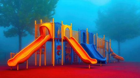 A vibrant playground featuring bright orange and blue slides stands in a foggy park, creating a whimsical atmosphere for childrenの素材