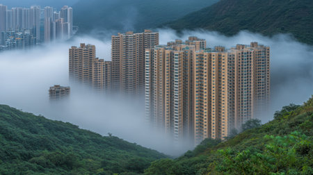 Breathtaking view of towering apartment buildings rising through dense fog in a serene hillside setting, showcasing nature and urban design.の素材