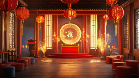 Immerse yourself in a vibrant Chinese New Year interior scene decorated with red lanterns, traditional elements, and a festive atmosphere.の素材