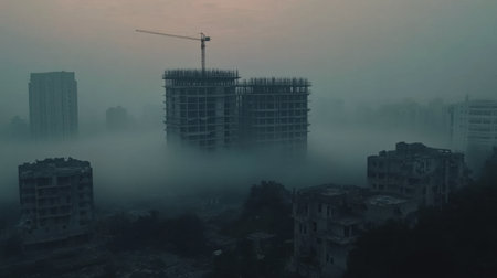 An eerie fog envelops a construction site surrounded by abandoned buildings at dawn, creating a surreal and haunting atmosphere in the urban landscape.の素材