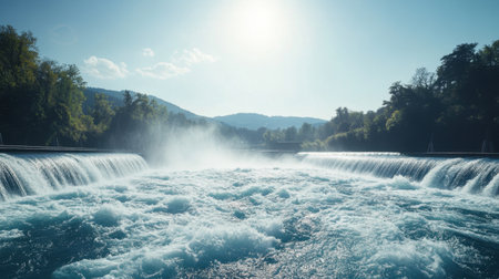 Experience the captivating beauty of a waterfall cascading into a serene river. The sunlight reflects off the water, enhancing the tranquil atmosphere and showcasing the wonders of nature.の素材