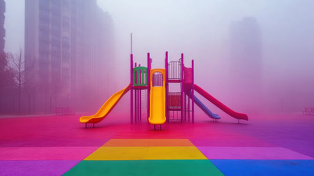A playful playground with vibrant slides stands alone in a foggy urban setting. The colorful ground adds a dreamlike quality, evoking nostalgia.の素材