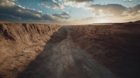 This breathtaking image captures a wide desert canyon landscape during sunset, featuring dramatic clouds and intricate shadows across the terrain.の素材